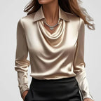 Elegant Cowl-Neck Long-Sleeve Satin Blouse
