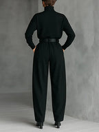 High-Neck Top and Wide-Leg Pant Set with Belt