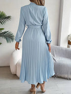 Long Sleeve Pleated Belted Dress