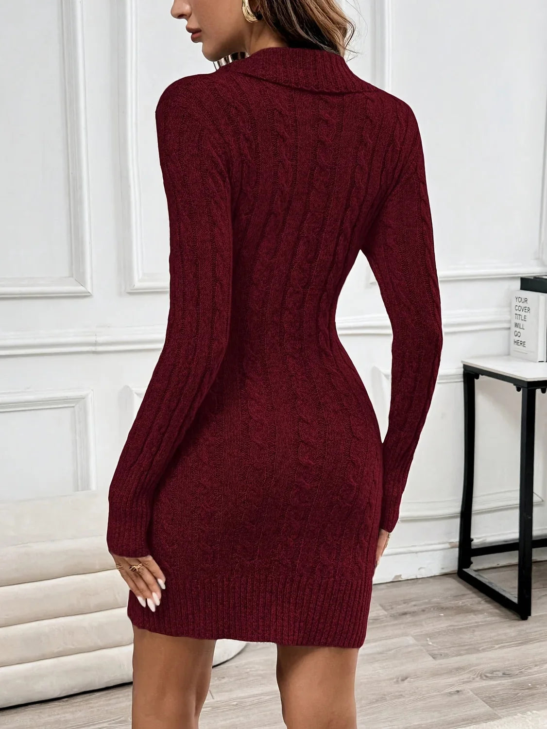 Cable Knit Sweater Dress with V-Neck