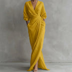 Ruched Wrap-Front Long Sleeve Maxi Dress