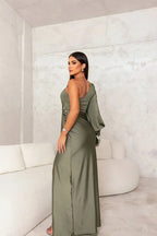 One-Shoulder Satin Cocktail Maxi Dress
