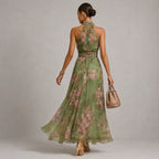 Floral Halter Chiffon Wedding-Guest Maxi Dress