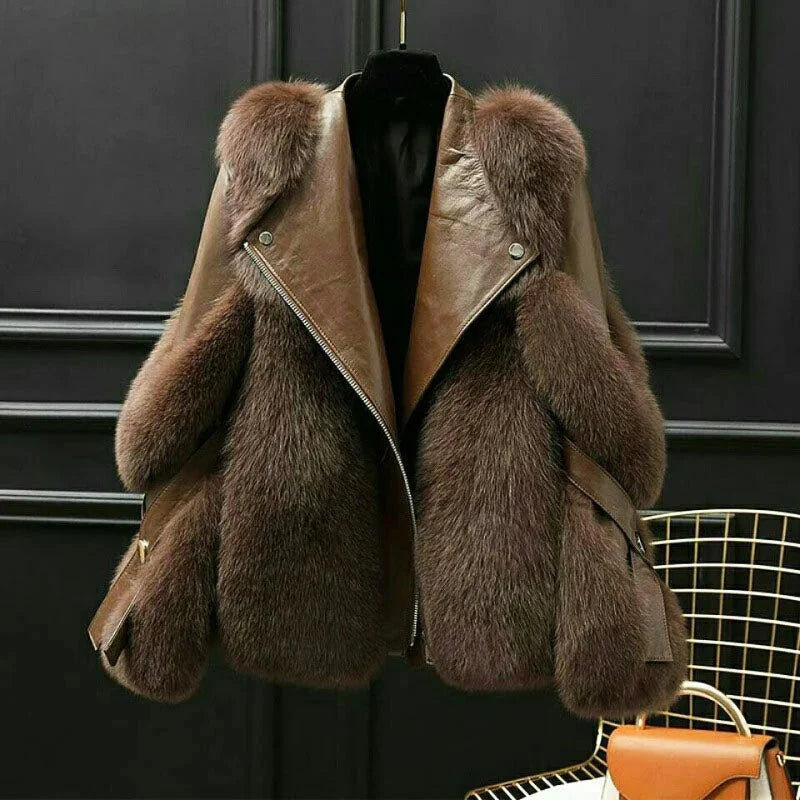 Women's Faux Leather Jacket with Fur Collar
