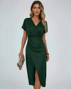 Wrap Midi Dress with Draped Waist and Split Hem