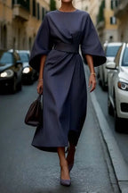 Belted Midi Dress with Lantern Sleeves