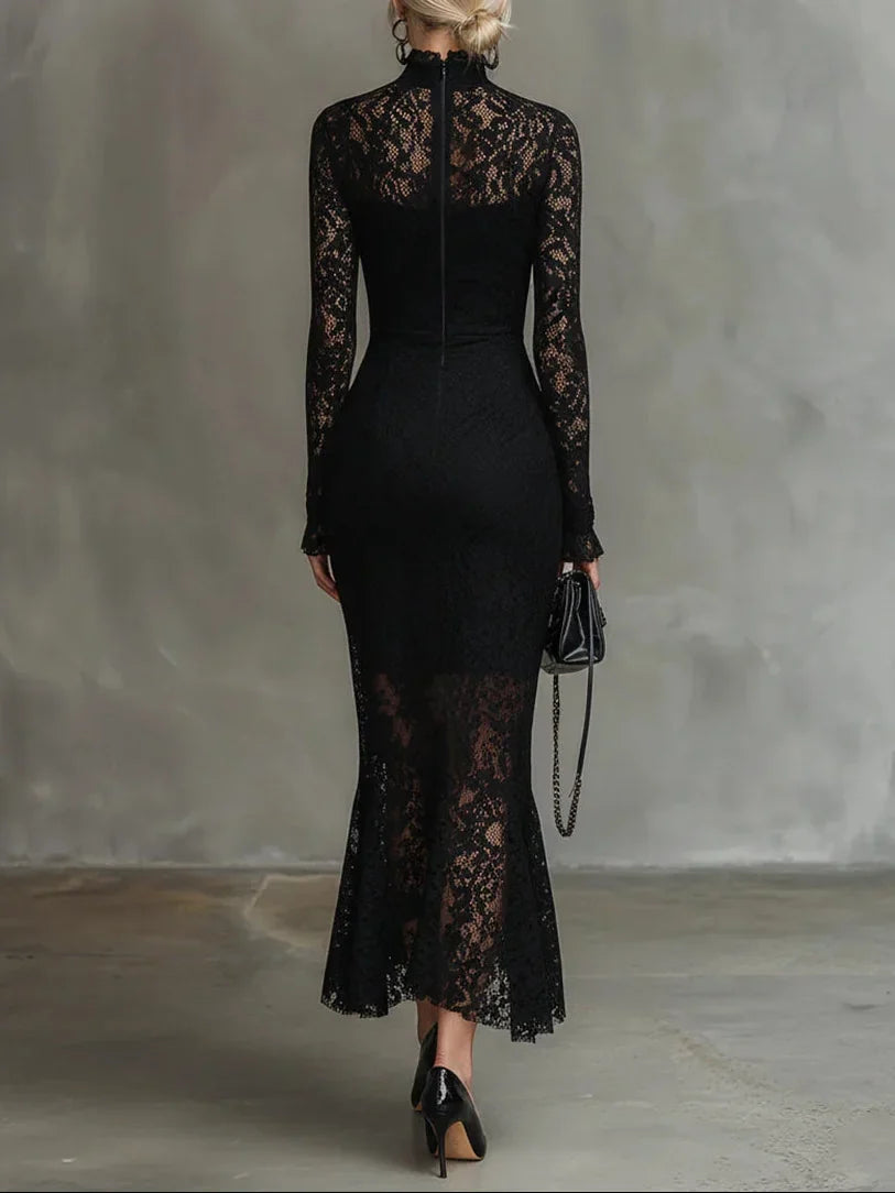 Lace High-Neck Long Sleeve Maxi Dress