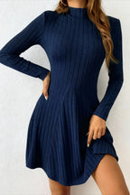 Ribbed Knit Mock Neck A-Line Sweater Dress