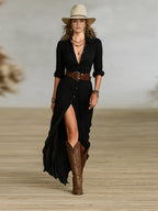 Long Sleeve Button Front Maxi Dress with Belt