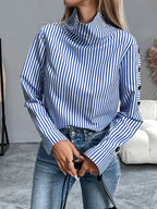 Striped Funnel Neck Blouse with Button Sleeves