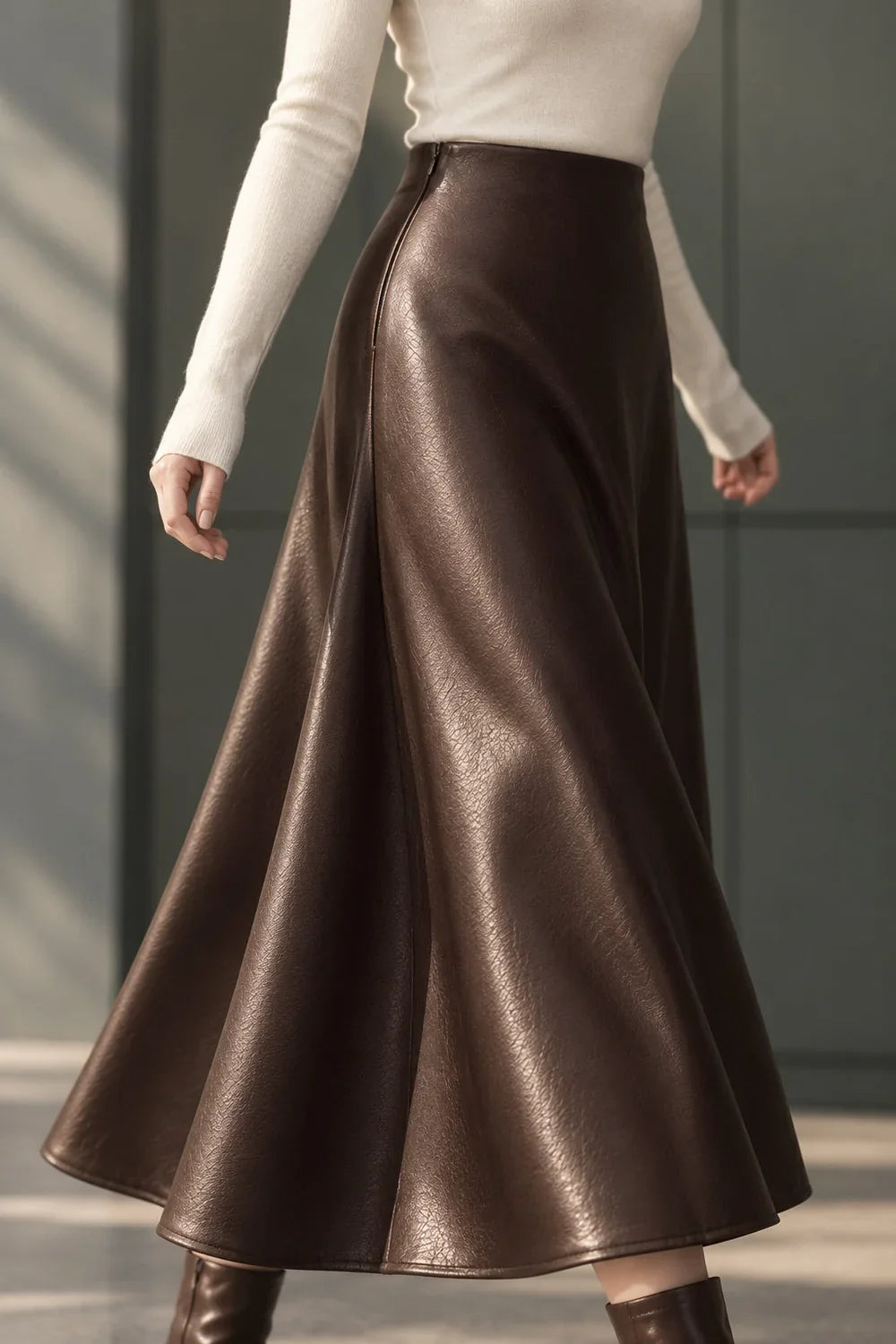 Faux Leather Midi Skirt Pleated A-Line