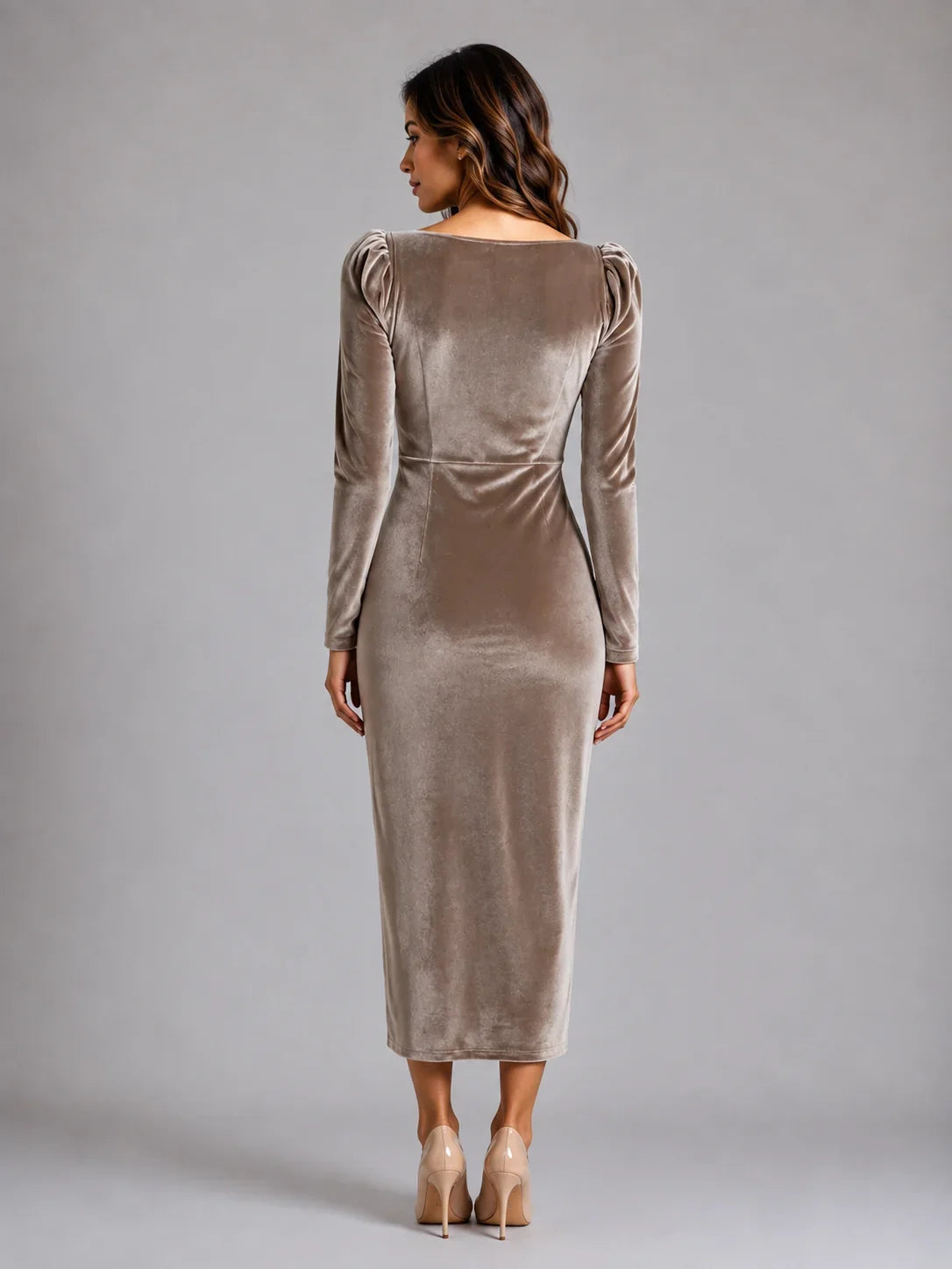 Velvet Long Sleeve Ruched Midi Dress