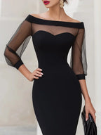 Off-Shoulder Cocktail Midi Dress with Sheer Sleeves