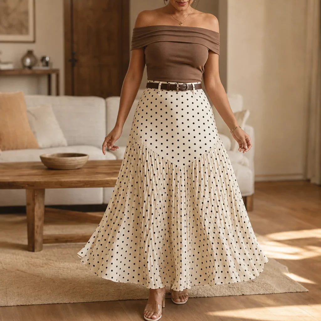 Polka Dot Pleated Midi Skirt