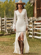 Lace Long Sleeve Maxi Dress with Fringe