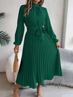 Long Sleeve Pleated Belted Dress