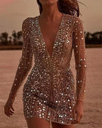 Sequin Party Dress with V-Neck and Sheer Sleeves