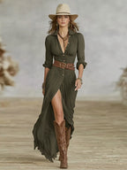 Long Sleeve Button Front Maxi Dress with Belt