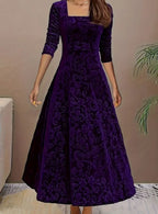 Velvet Square-Neck Floral Embossed A-Line Party Dress