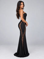 Women’s Lace Panel Maxi Dress – Fitted Black Evening Gown