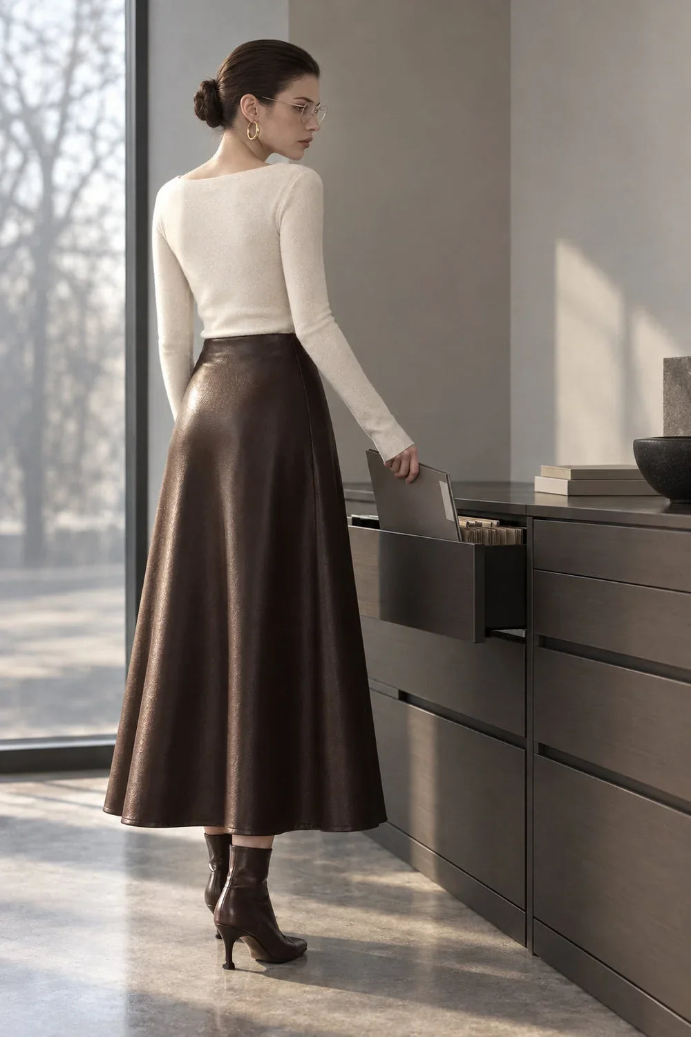 Faux Leather Midi Skirt Pleated A-Line
