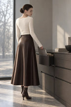 Faux Leather Midi Skirt Pleated A-Line