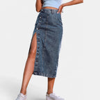 Button-Front Denim Midi Skirt