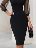 Off-Shoulder Cocktail Midi Dress with Sheer Sleeves