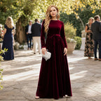 Belted Velvet A-Line Maxi Dress with Long Sleeves