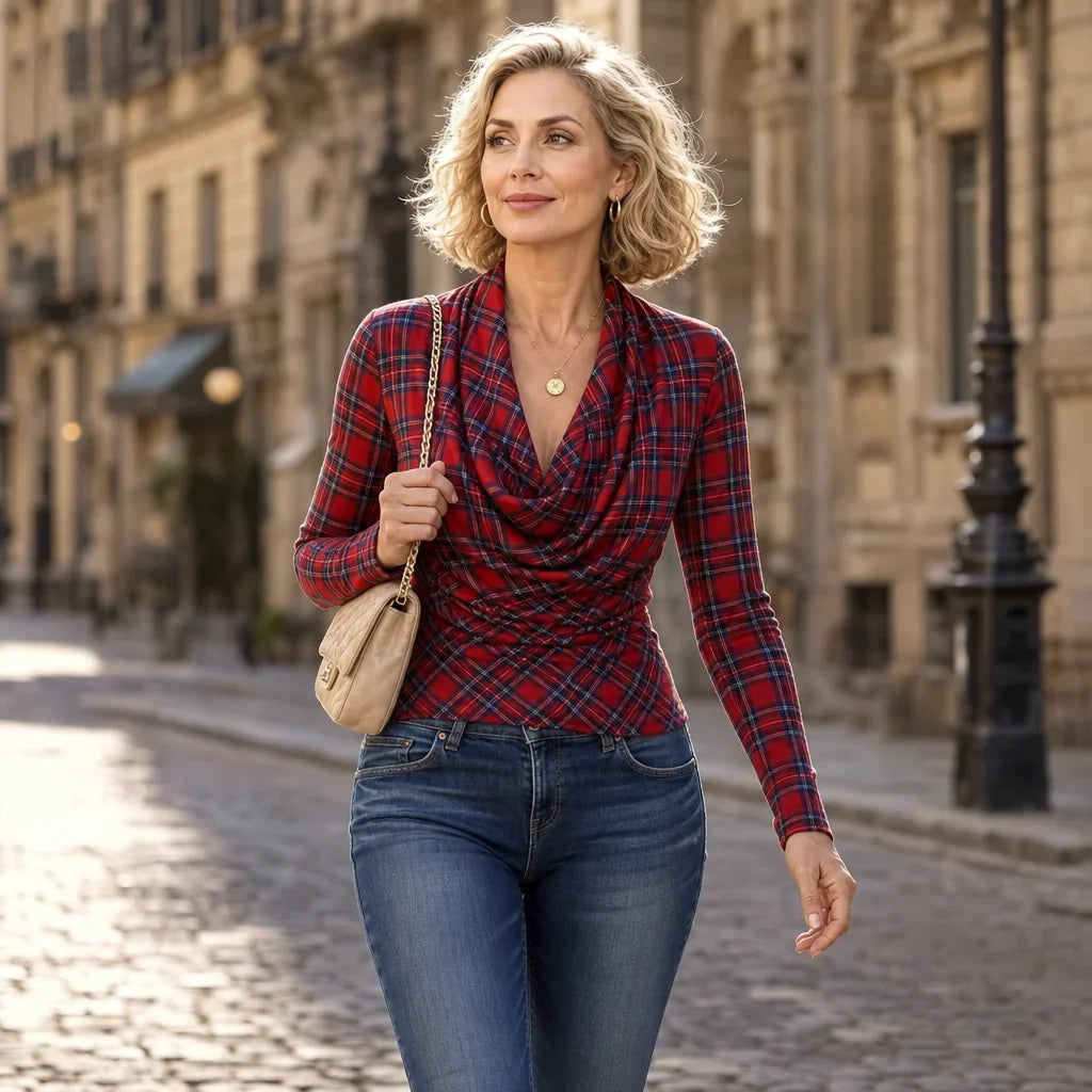 Plaid Cowl Neck Long Sleeve Top