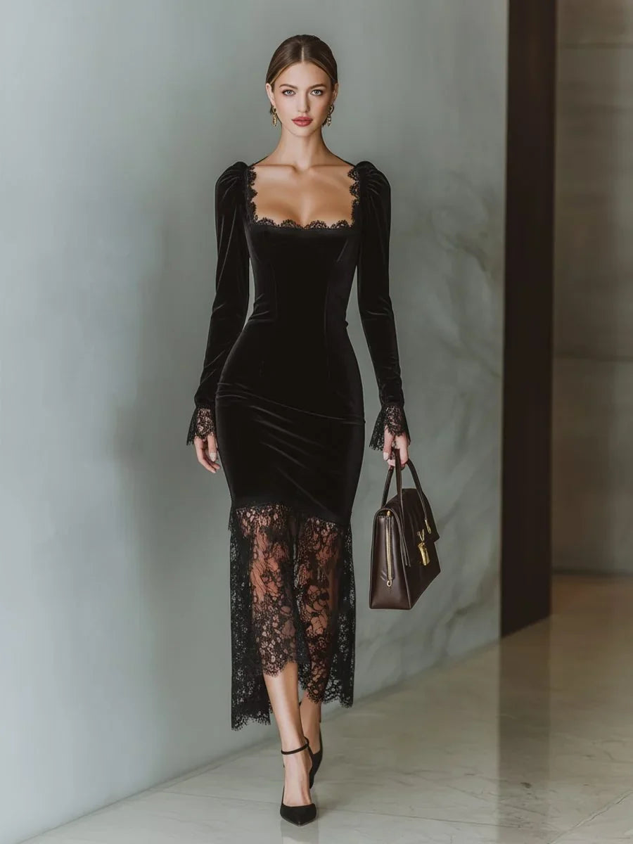 Velvet Long Sleeve Formal Maxi Dress with Lace Hem