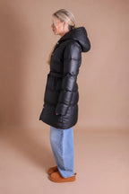 Women's Faux Leather Hooded Puffer Coat with Belt