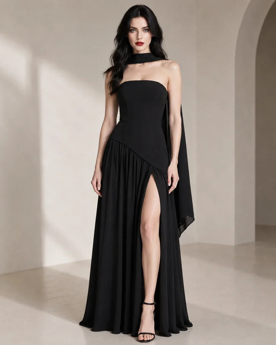 Strapless Scarf-Neck Maxi Dress