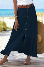 High-Waist Button-Front Crinkle Linen-Look Maxi Skirt