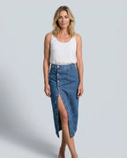 Button-Front Denim Midi Skirt