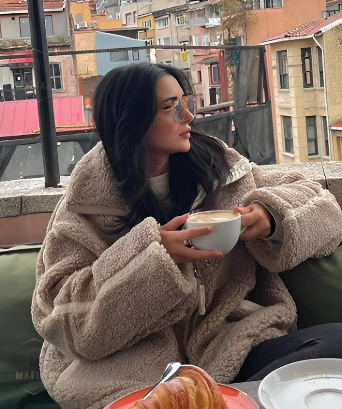 Women's Oversized Teddy Coat with Lapel Collar