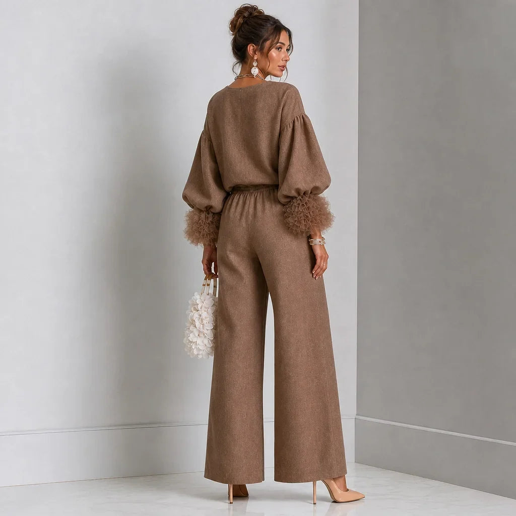 Balloon Sleeve Knit Top and Wide-Leg Pant Set