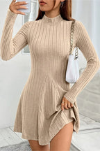 Ribbed Knit Mock Neck A-Line Sweater Dress