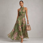 Floral Halter Chiffon Wedding-Guest Maxi Dress
