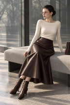 Faux Leather Midi Skirt Pleated A-Line
