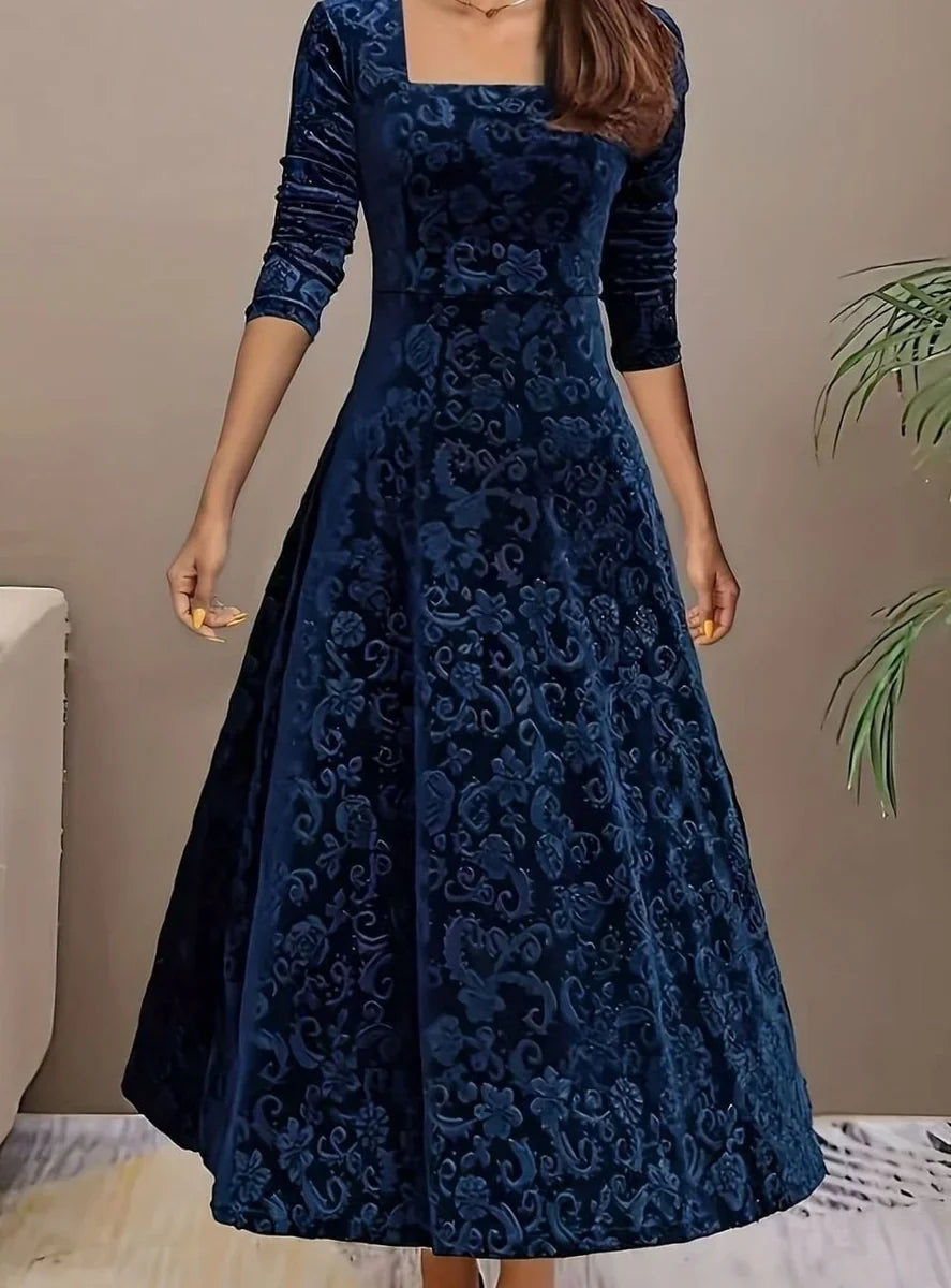 Velvet Square-Neck Floral Embossed A-Line Party Dress
