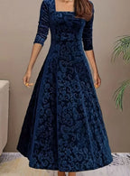 Velvet Square-Neck Floral Embossed A-Line Party Dress