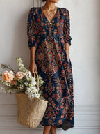 Floral Long Sleeve Midi Dress with V-Neck