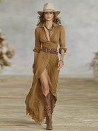 Long Sleeve Button Front Maxi Dress with Belt