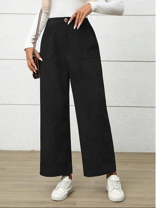 Retro High Waist Wide Leg Corduroy Trousers with Front Pockets
