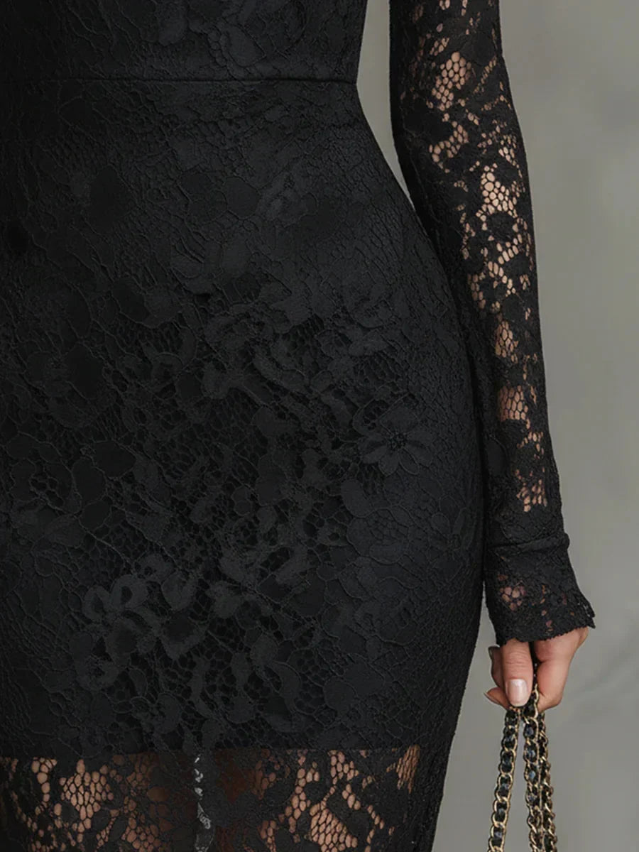 Lace High-Neck Long Sleeve Maxi Dress