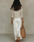 V-Neck Sweater and Satin Skirt Set
