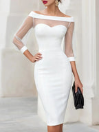 Off-Shoulder Cocktail Midi Dress with Sheer Sleeves