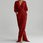 Ruched Wrap-Front Long Sleeve Maxi Dress