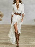 Long Sleeve Button Front Maxi Dress with Belt